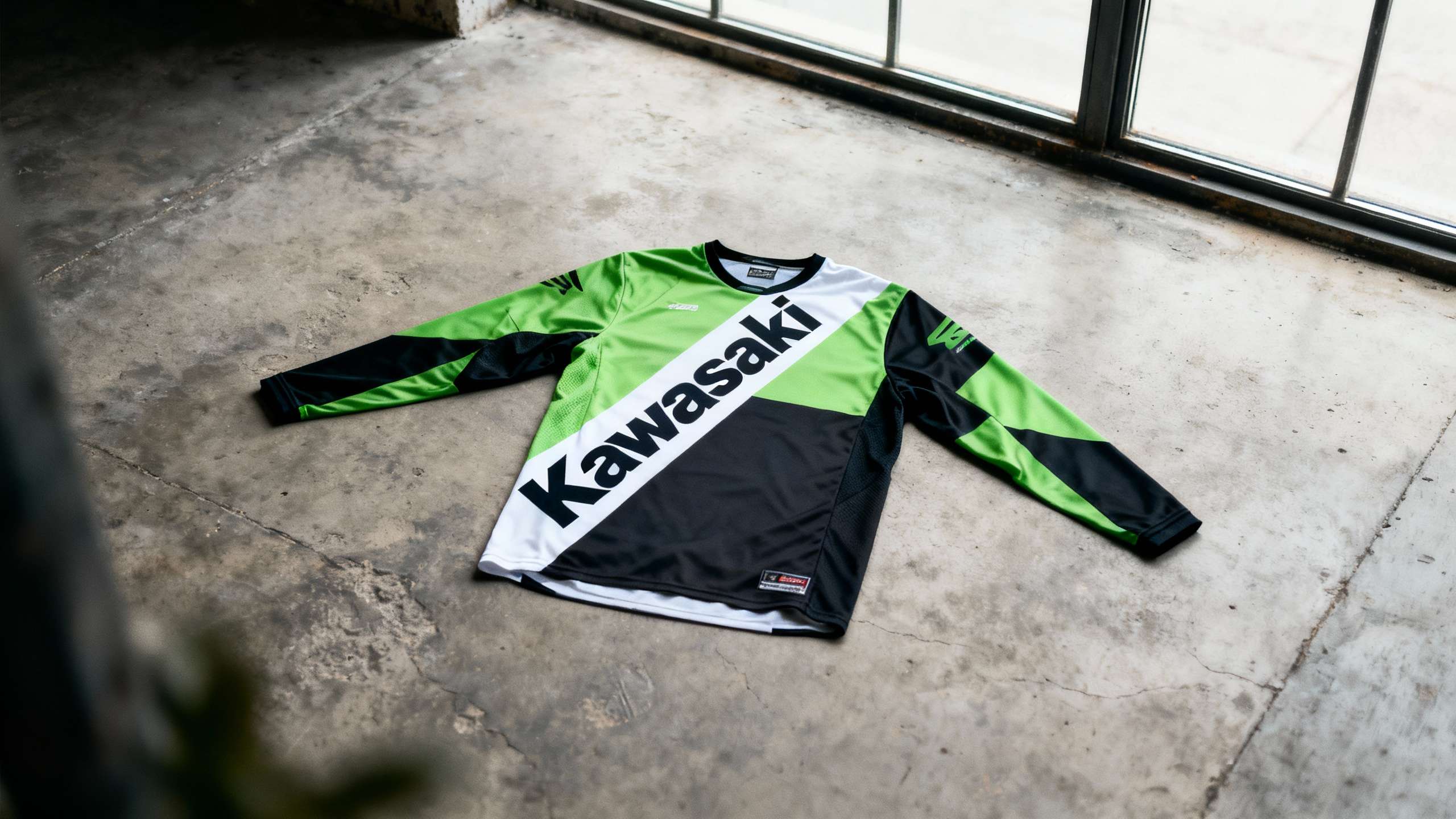 Asymmetrical graphics in modern Kawasaki racing jerseys
